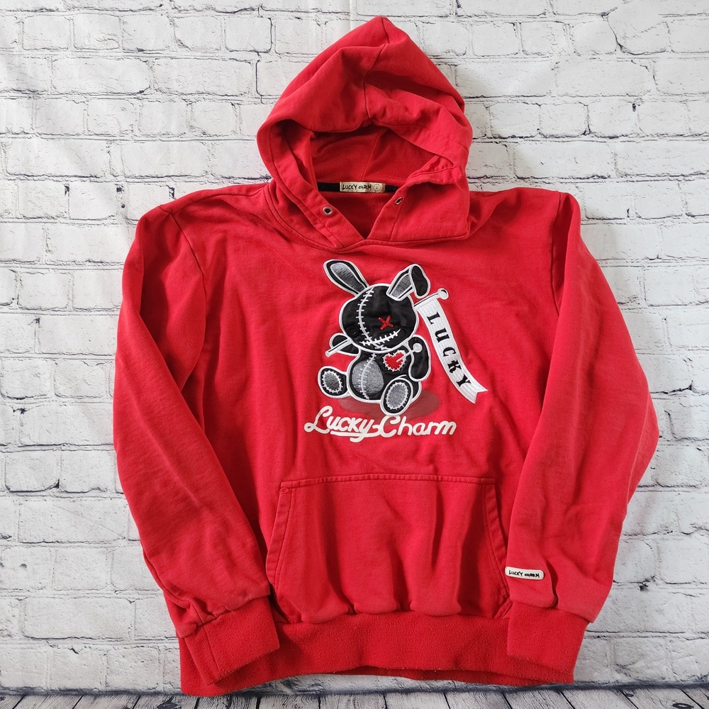 Lucky Charm Men's Size Large Red Stitched Bunny Graphic Hoodie Sweatshirt